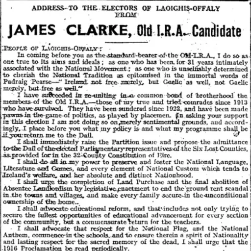James Clarke running as an Old IRA candidate in 1944