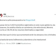 MORENA LE QUITA 36.2% AL PRESUPUESTO A LA SEGURIDAD,  DENUNCIA EL PRI