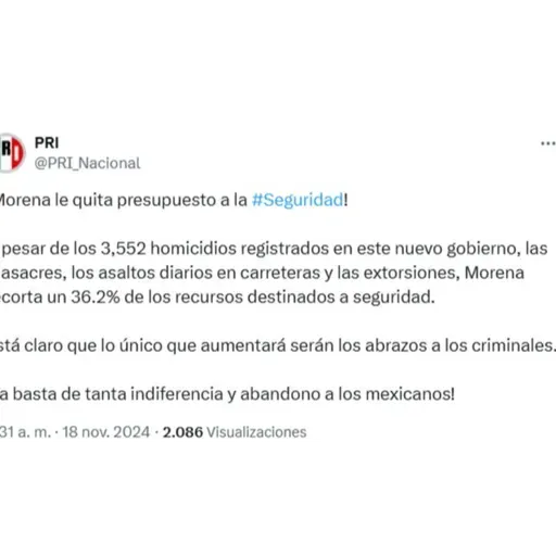MORENA LE QUITA 36.2% AL PRESUPUESTO A LA SEGURIDAD,  DENUNCIA EL PRI