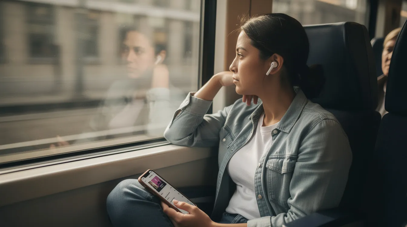 A thoughtful commuter sits on a train, wearing earbuds and listening to a podcast, possibly related to nonprofit strategies or fundraising growth opportunities. The scene captures the essence of using essential tools for project management and the importance of being informed about nonprofit digital resilience.