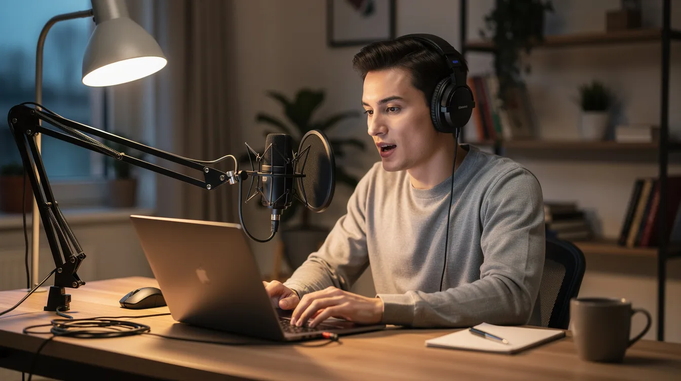 A person wearing headphones sits at a home desk, focused on a laptop and microphone, preparing to broadcast live for an online radio station. The setup suggests a dedicated environment for radio broadcasting, featuring tools for audio processing and music scheduling.