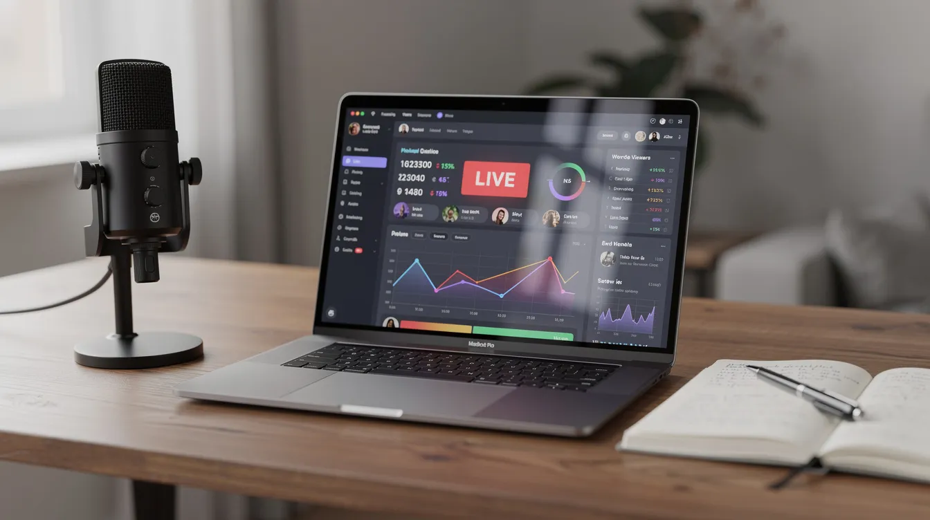 The image features a laptop displaying a streaming dashboard interface on a desk, accompanied by a microphone and a notebook, suggesting a setup for nonprofit radio or virtual meetings. This arrangement highlights essential tools for project management and donor relations in the nonprofit sector.