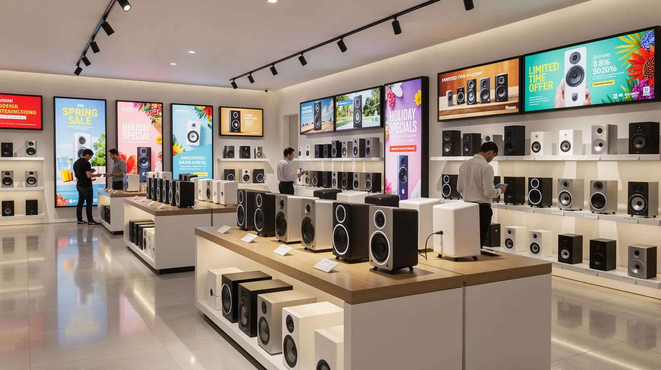 The image depicts a modern retail store interior featuring sleek digital displays showcasing seasonal promotions, alongside contemporary speakers designed for in store radio. This setup creates an engaging atmosphere, enhancing the customer experience with background music and audio advertising that effectively promotes the brand.