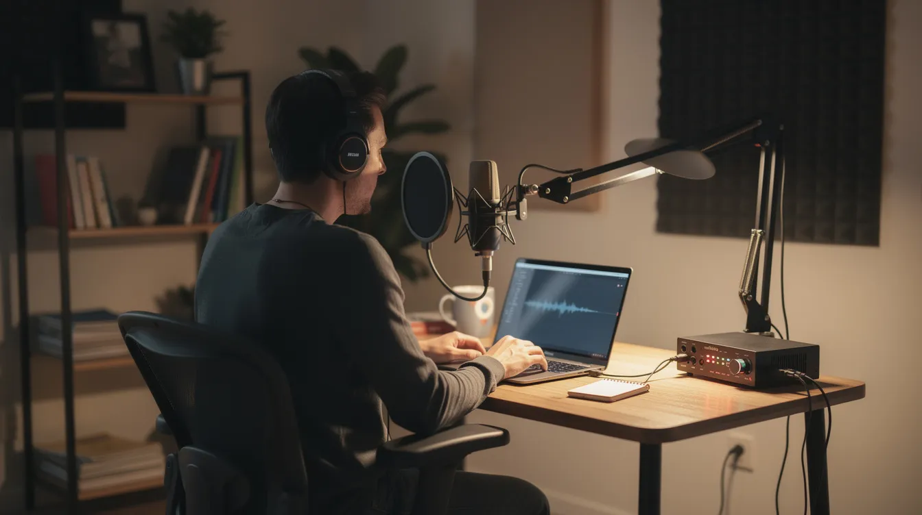A person wearing headphones is seated at a small home broadcasting desk, equipped with a microphone and a laptop, ready to host a live show for their internet radio station. This setup reflects the environment of a radio host who engages with their most loyal listeners while managing various revenue streams such as advertising and sponsorships.