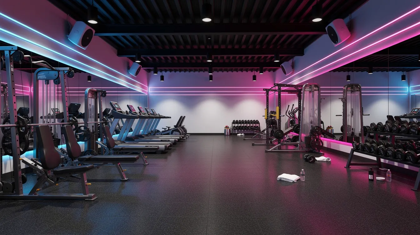 The image showcases a modern gym interior featuring energetic lighting and strategically placed ceiling speakers, creating an engaging atmosphere for patrons. This dynamic setting is enhanced by the right background music, which elevates the customer experience and motivates employees during workouts.