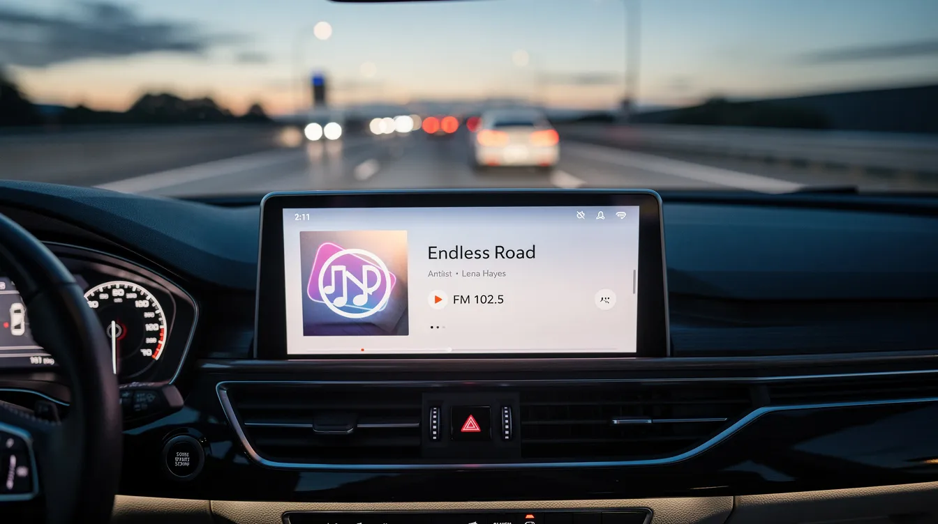 The image shows a car dashboard screen displaying the title of a song, the artist's name, and a radio station logo while driving on a highway, illustrating how listeners can enjoy music and discover new radio programs during their journey.