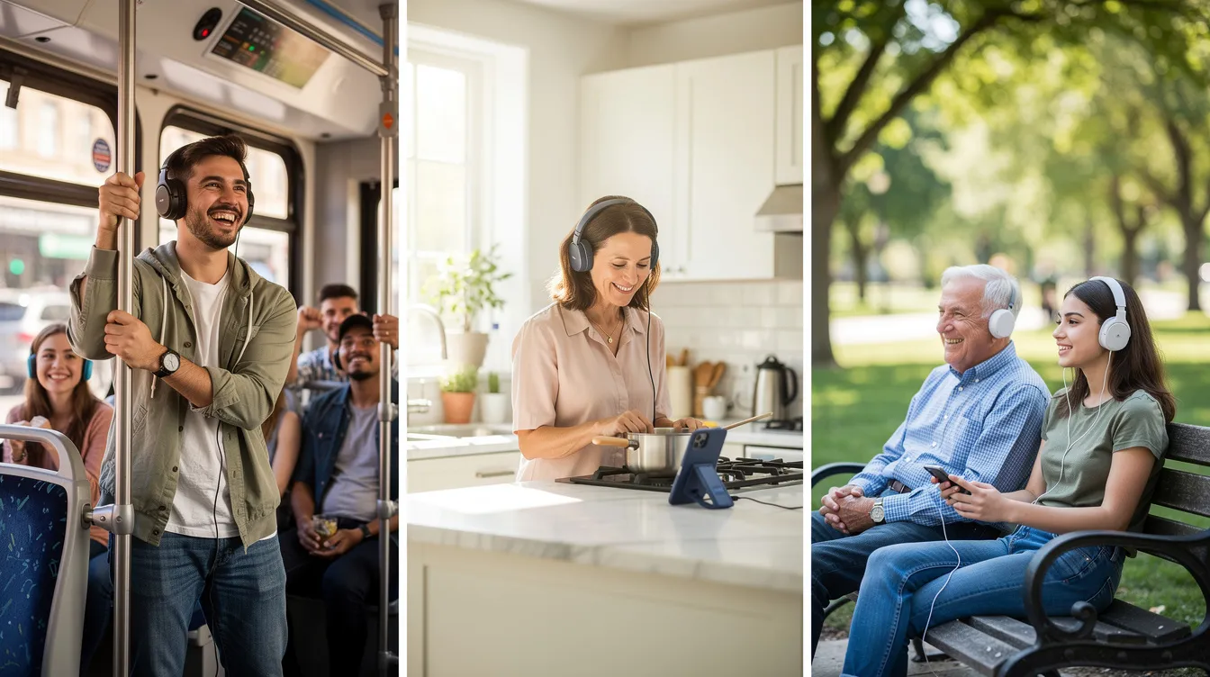 A diverse group of people of various ages, all wearing headphones and smiling, are enjoying their phones while listening to a huge variety of content, including music, podcasts, and news. They are depicted in everyday settings like a bus, a kitchen, and a park bench, showcasing how listeners can access different radio stations and genres in their daily lives.