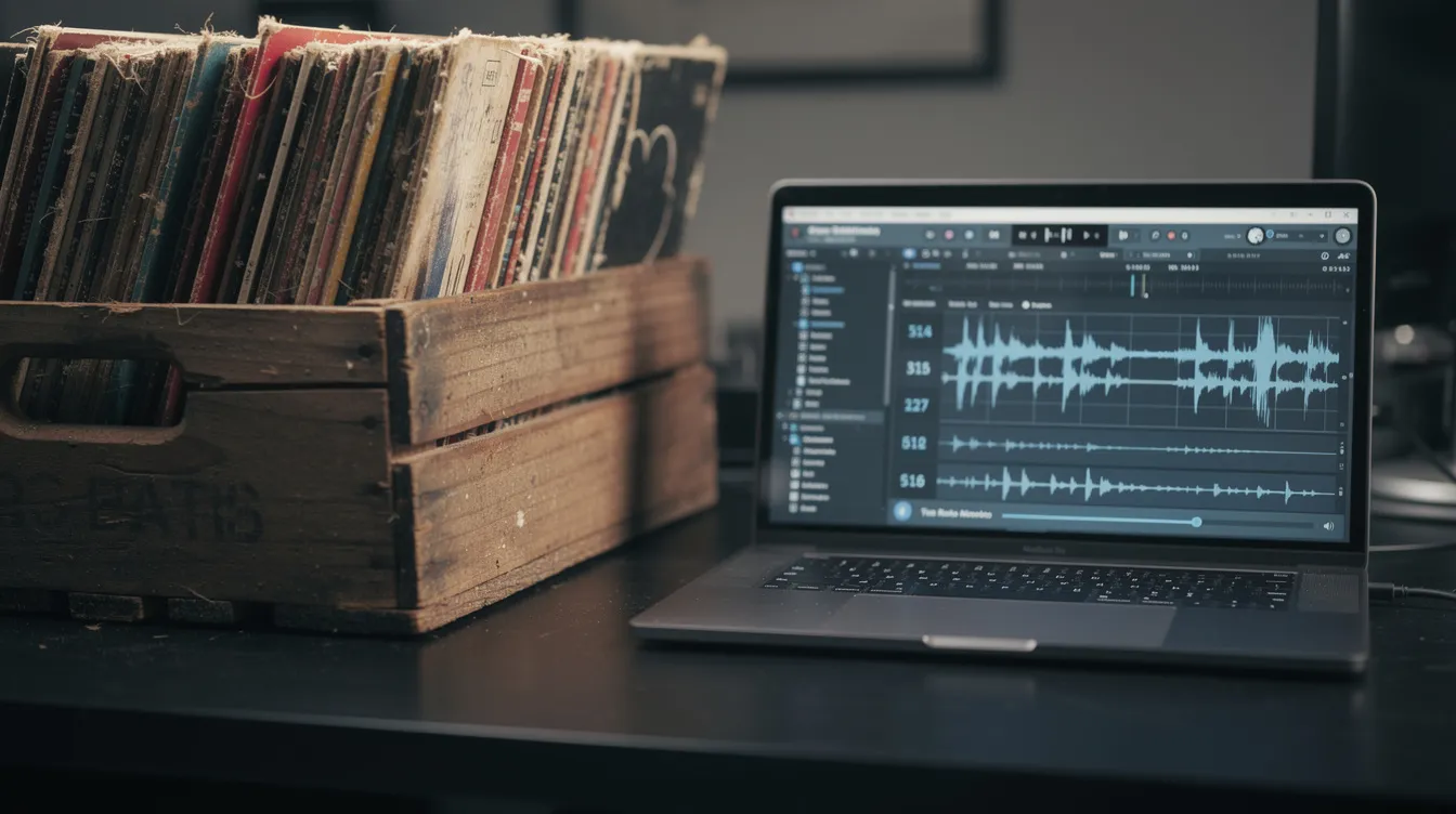 A close-up view of a vinyl record crate is positioned beside a laptop screen displaying a music library filled with waveforms and BPM data, showcasing essential DJ gear for mixing tracks. This setup highlights the integration of traditional vinyl with modern DJ software, perfect for both live remixing and radio broadcasts.