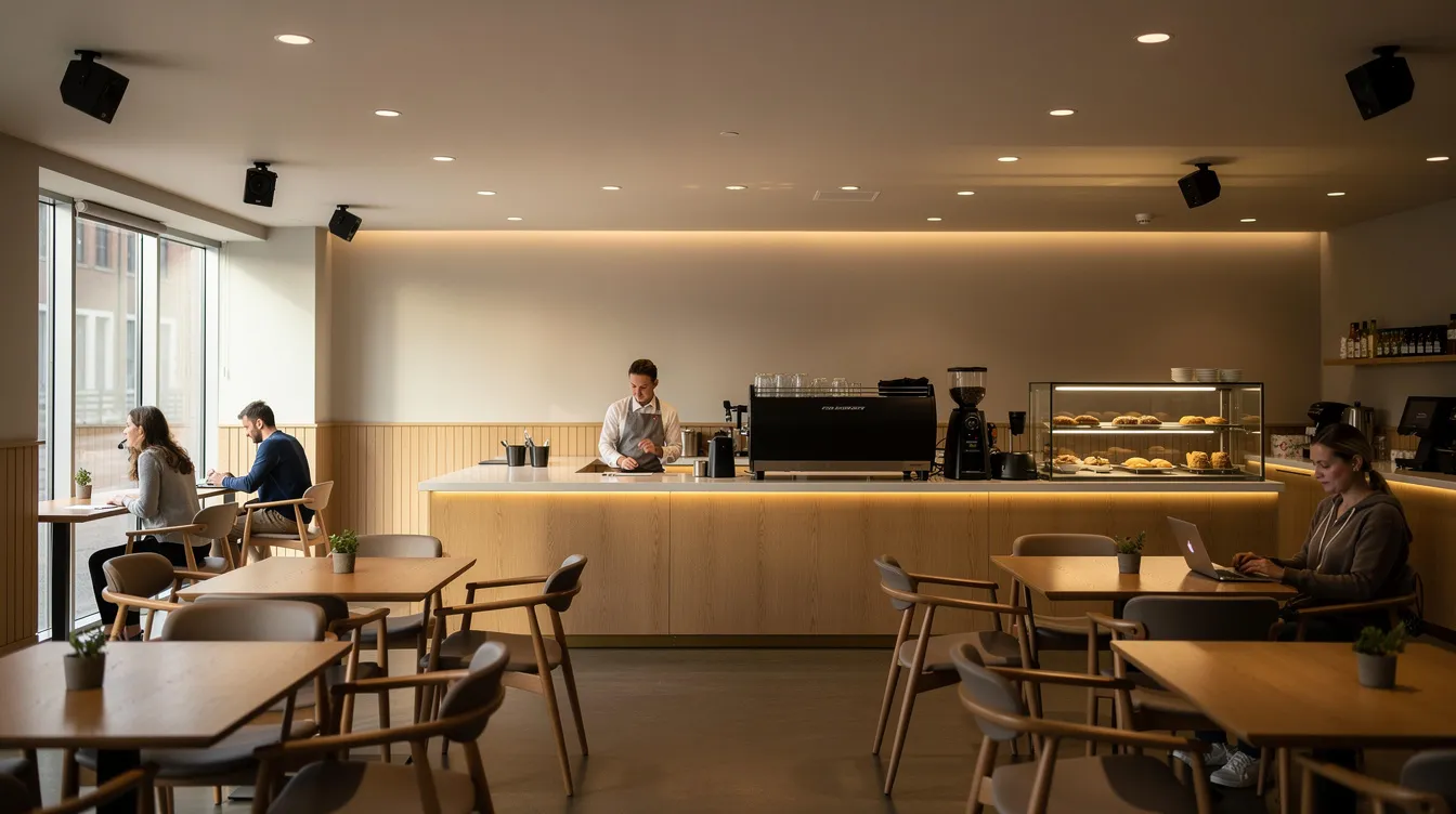 The image depicts a modern café interior featuring warm ambient lighting and ceiling-mounted speakers, creating an inviting atmosphere for customers. This space is designed to enhance the music experience, with the right background music playing to influence purchasing decisions and boost sales.