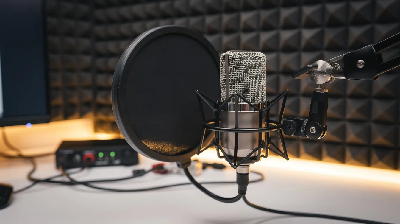 The image shows a dynamic microphone with a pop filter set up on a desk, surrounded by acoustic foam panels on the wall, creating an ideal environment for recording audio or hosting a DJ radio show. This small home recording setup is designed for optimal sound quality, perfect for music production or live performances.