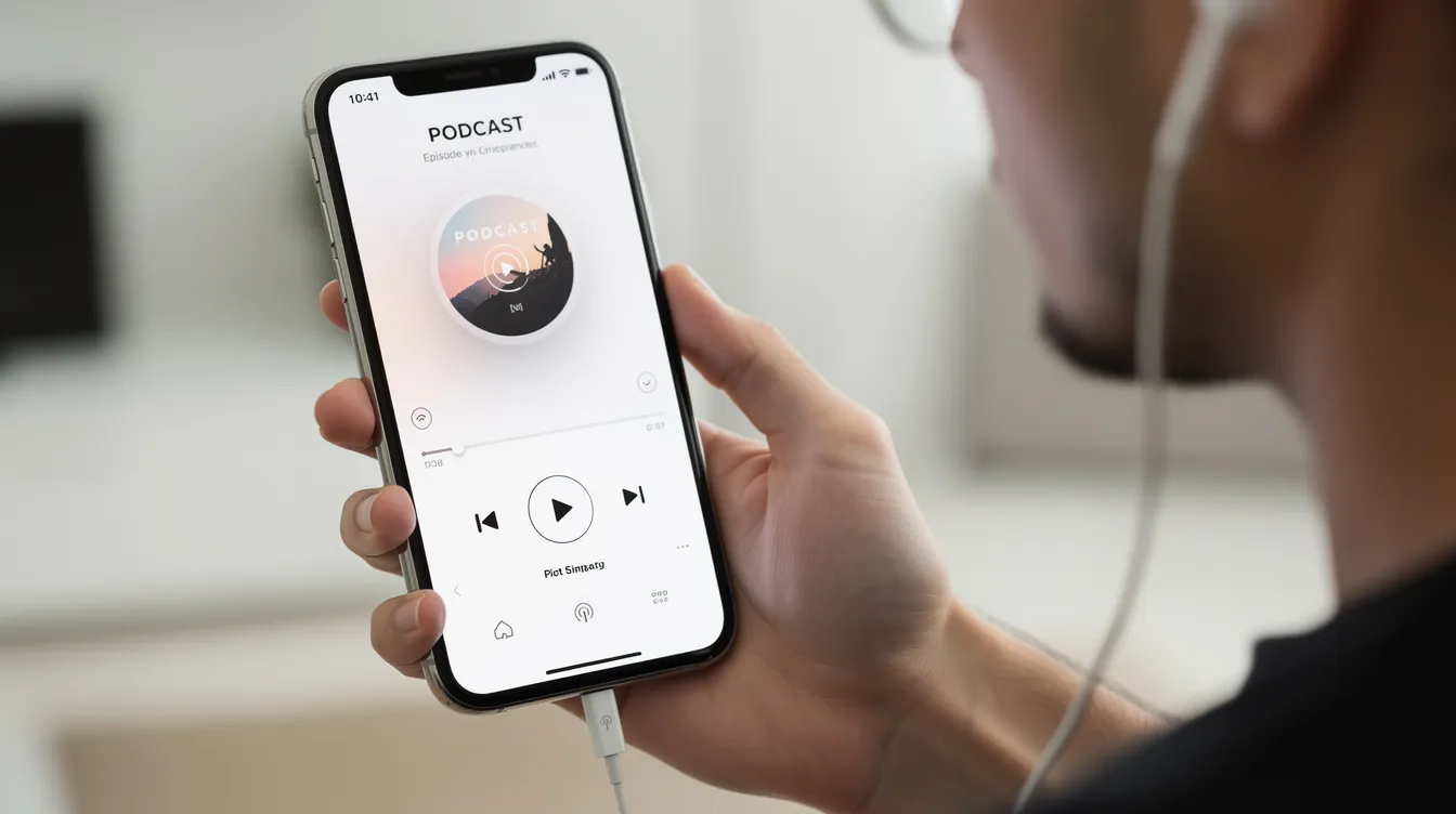 A person is holding a smartphone that displays a podcast player app, complete with earbuds connected, ready for listening to engaging podcasts. The app showcases multiple podcasts, highlighting the ease of accessing high-quality audio content on major platforms like Apple Podcasts and Spotify.