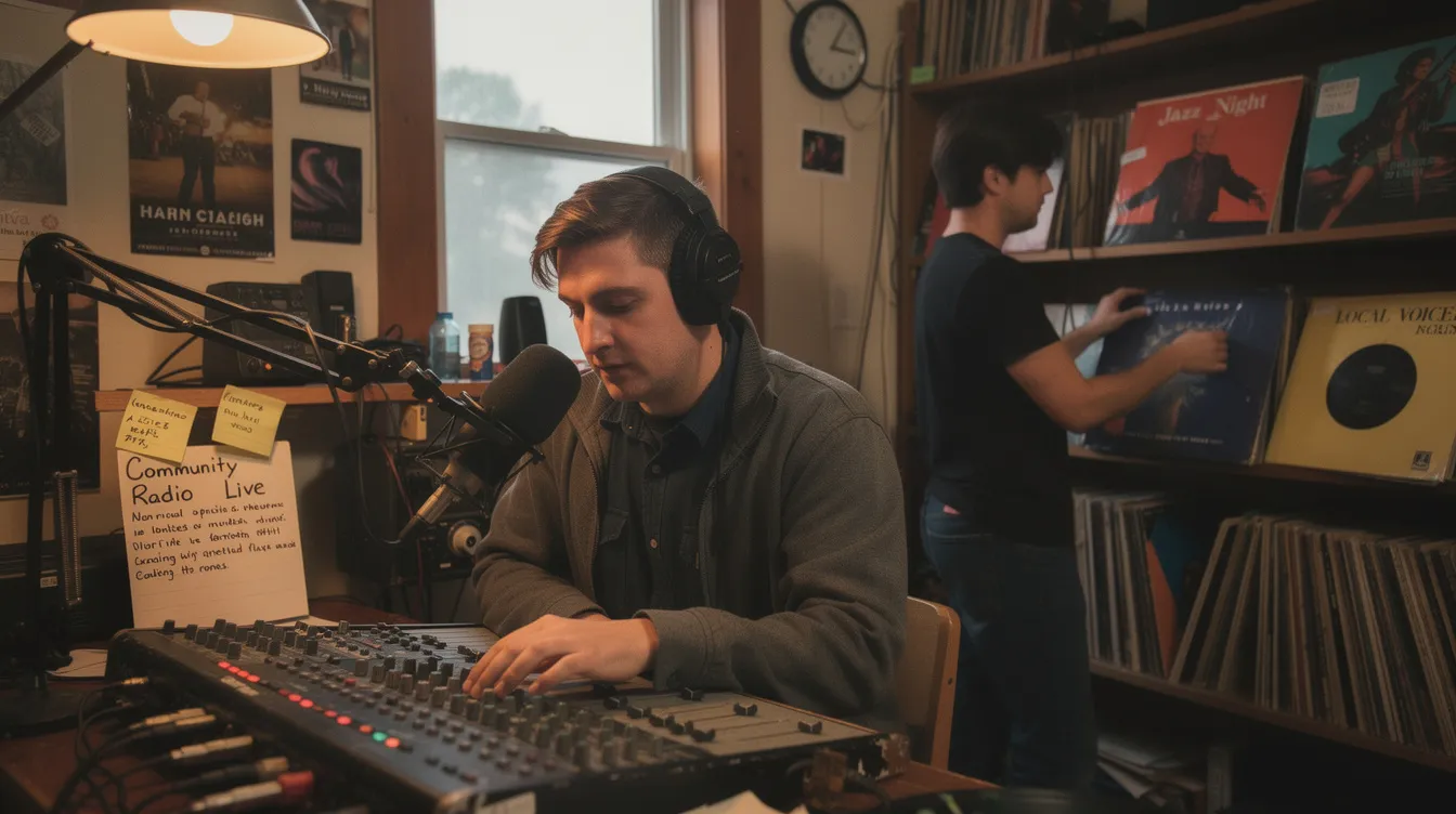 The image depicts volunteers working inside a small community radio station, with one person focused on the mixing board and another organizing records. This scene highlights the collaborative spirit of nonprofit radio, showcasing essential tools for volunteer management and community engagement.