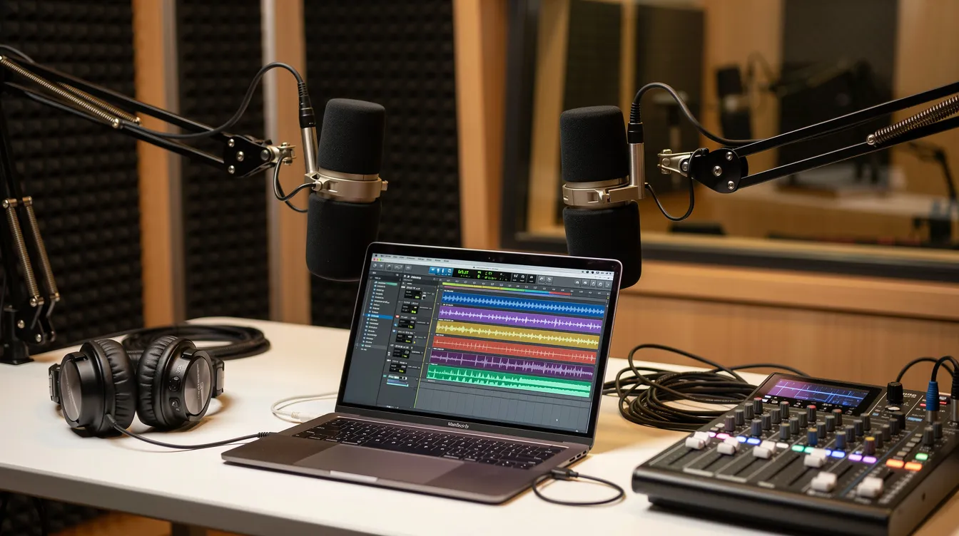 The image depicts a professional radio studio desk equipped with microphones, headphones, and a laptop displaying audio waveforms, showcasing the tools used for internet radio broadcasting and live streaming. This setup emphasizes the importance of audio quality and sound in creating an engaging listening experience for audiences.
