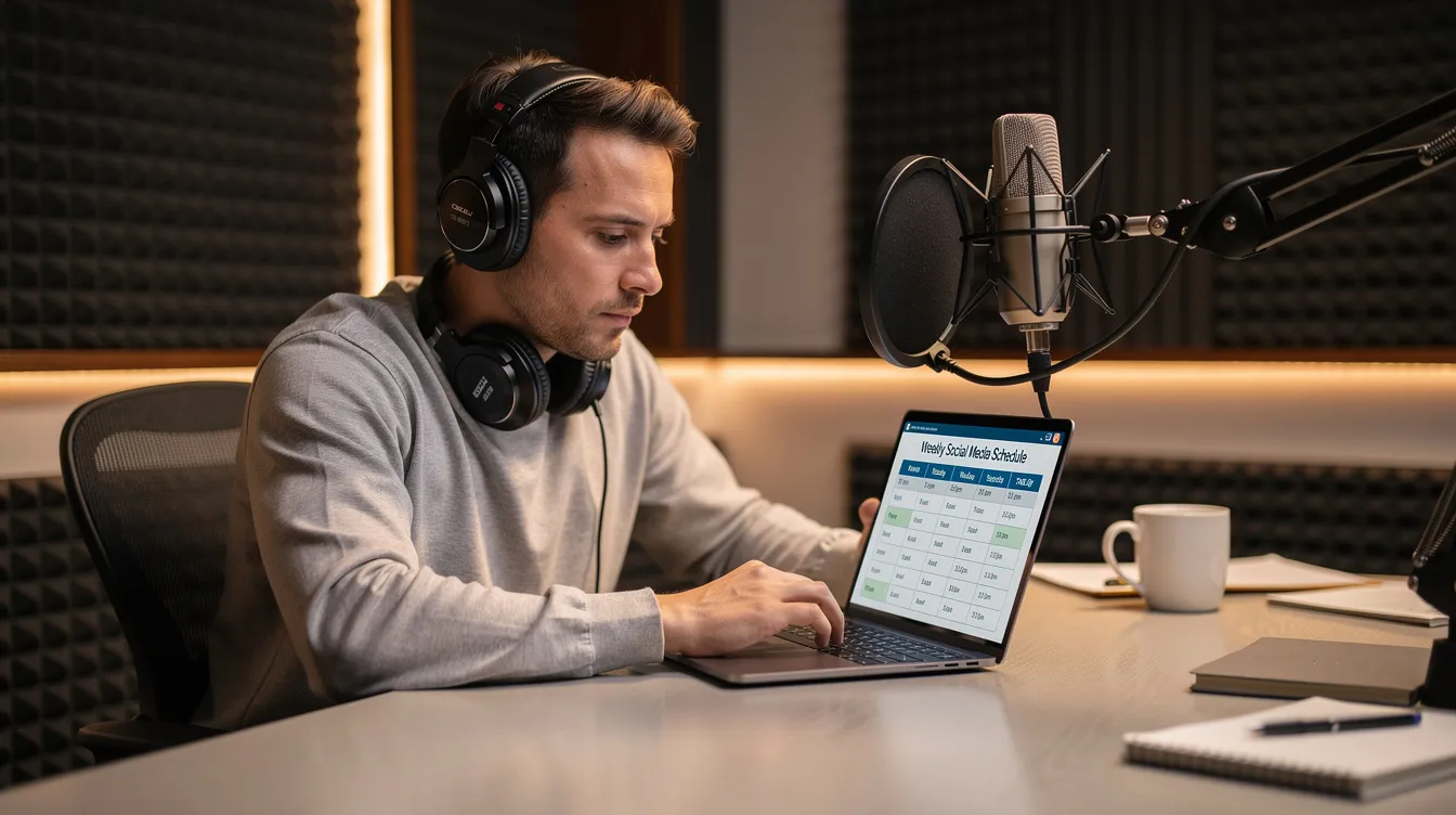 A radio broadcaster is focused on reviewing a weekly social media posting schedule on a laptop, positioned next to a microphone, highlighting the importance of engaging with the target audience across various social media platforms to promote the radio station's content effectively. The scene emphasizes the strategy behind creating audio and visual content to drive engagement and grow the station's loyal listener base.