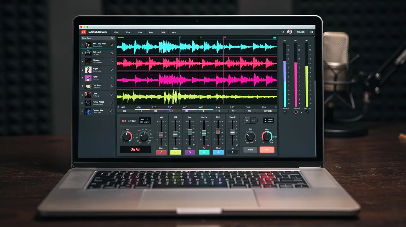 The image depicts a laptop screen displaying a radio station dashboard, featuring vibrant audio waveform visualizations that represent live streaming audio data. This interface is designed for internet radio stations, showcasing various audio formats and providing a seamless listening experience for users.