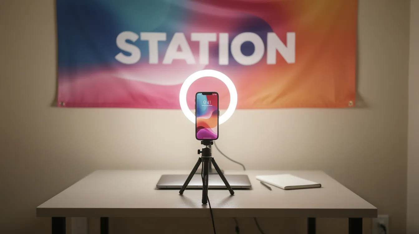 The image depicts a simple desk setup in a small room, featuring a phone mounted on a tripod, a ring light for illumination, and a colorful banner on the wall, possibly promoting local radio stations or podcasts. This cozy workspace is designed for broadcasting or recording, allowing listeners to enjoy various genres and topics while discovering new content.