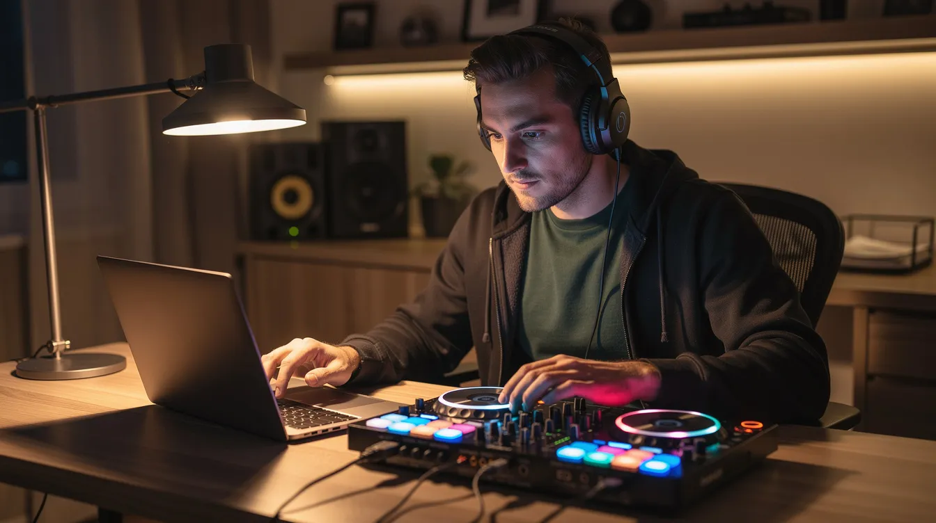 A DJ wearing headphones is focused on their home studio desk, which features a laptop and a DJ controller with colorful pads glowing brightly. The setup showcases various DJ gear and software, ideal for live remixing and managing music files for their radio show.