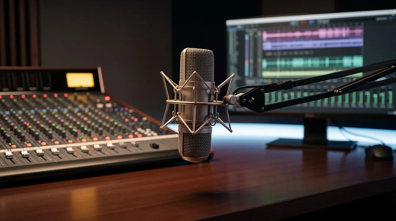 The image depicts a radio studio desk equipped with a professional microphone, a mixing board, and a glowing monitor displaying audio waveforms, ideal for producing high-quality audio and realistic voiceovers. This setup is perfect for content creation, including podcasts and marketing videos, utilizing advanced ai voice generation tools for natural sounding speech.