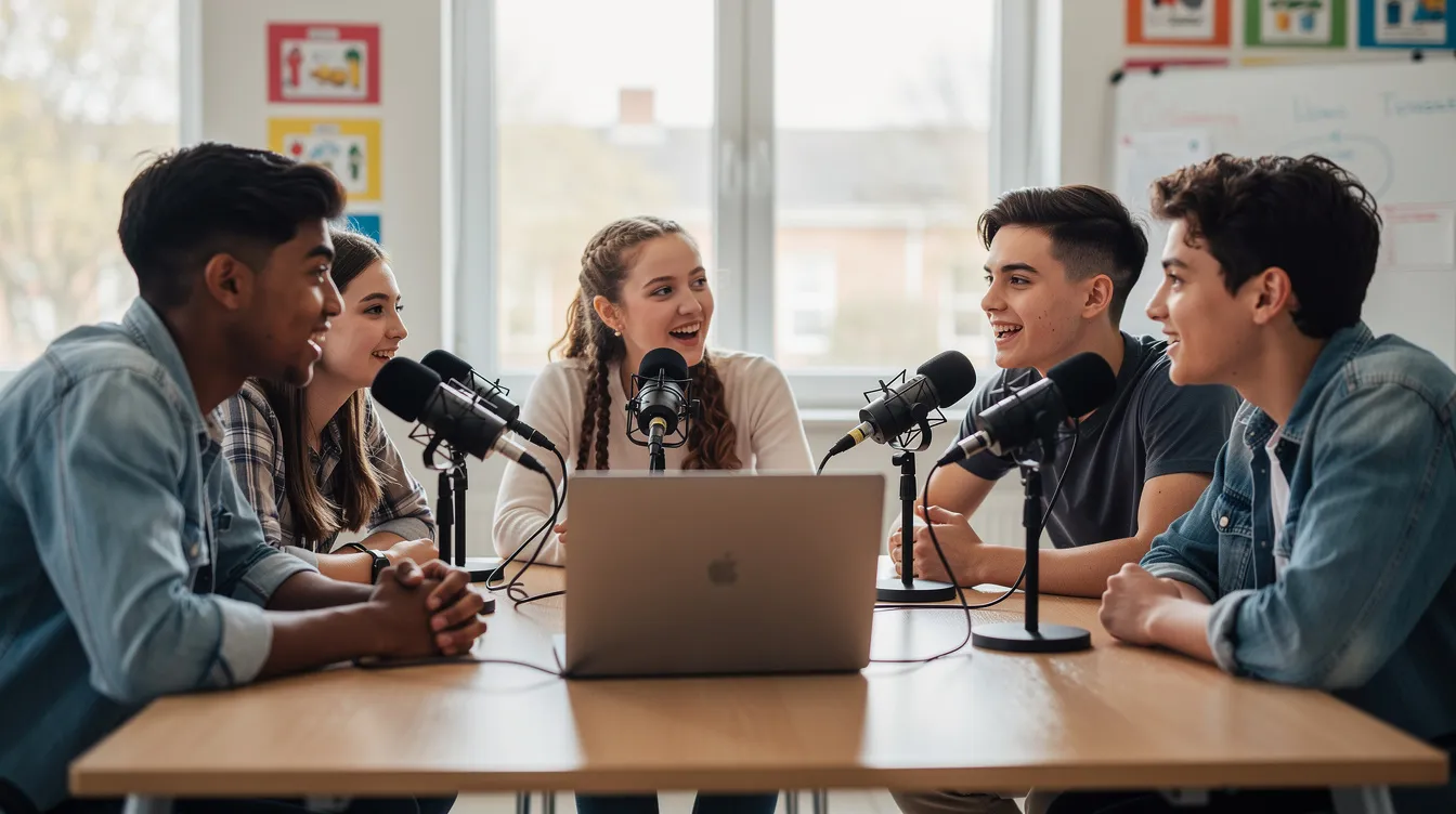A group of teenagers is gathered around a desk in a bright classroom, equipped with microphones and a laptop, discussing their school radio station project. They are engaged in communication, exploring how to operate their equipment for broadcasting and connecting with listeners through web radio and podcasts.
