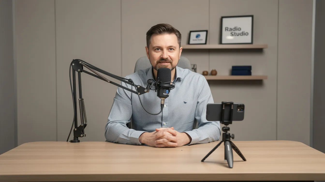 A radio host sits at a desk with a microphone and a small phone on a tripod, surrounded by a simple backdrop featuring the station's branding on a shelf. This scene captures the essence of radio broadcasting, where the host engages with listeners about various topics, including music, news, and true crime.