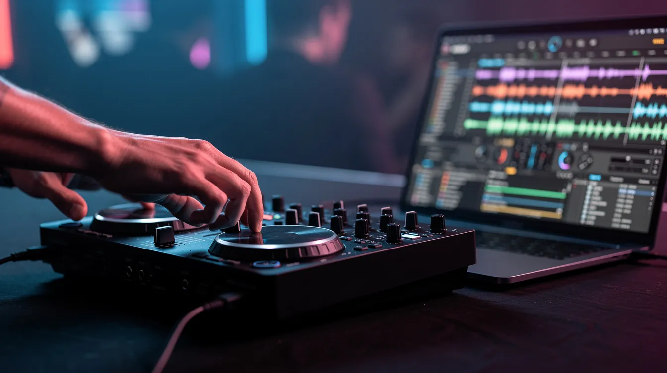 A close-up view of hands skillfully adjusting knobs and faders on a compact DJ controller, with a laptop screen in the background displaying colorful audio waveforms, showcasing the intricacies of music production and DJing. This scene highlights the essential DJ equipment used for creating mixes and transitions in various music genres.