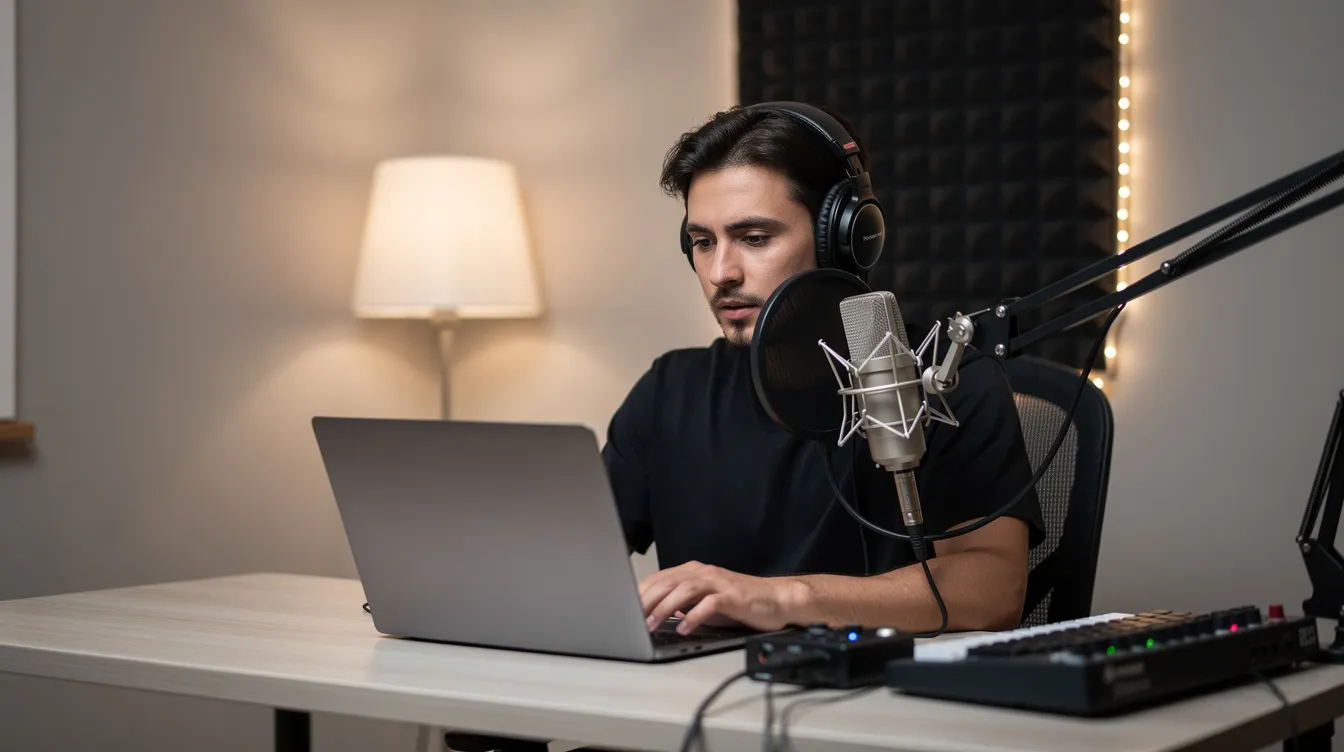 A person wearing headphones is seated at a home studio desk, focused on working on a laptop, with a condenser microphone positioned nearby. This setup is ideal for creating high-quality audio content, such as professional voiceovers and podcasts, using advanced ai voice generator tools for natural sounding speech.