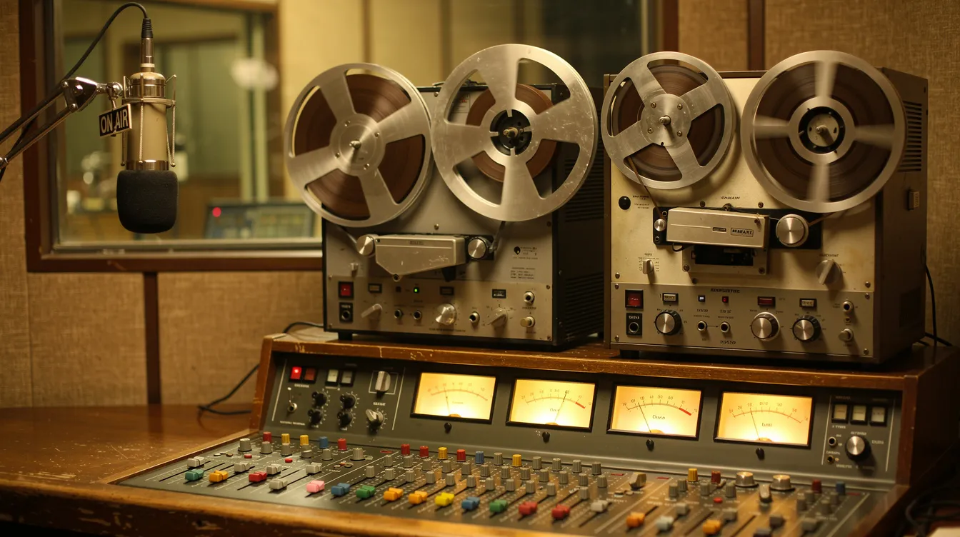 The image features vintage reel-to-reel tape machines prominently displayed in a classic radio broadcast studio, showcasing an environment rich in audio history. The setup reflects the professional sound and tools used by broadcasters to create smooth transitions and manage audio files for listeners, emphasizing the nostalgia of traditional radio automation.