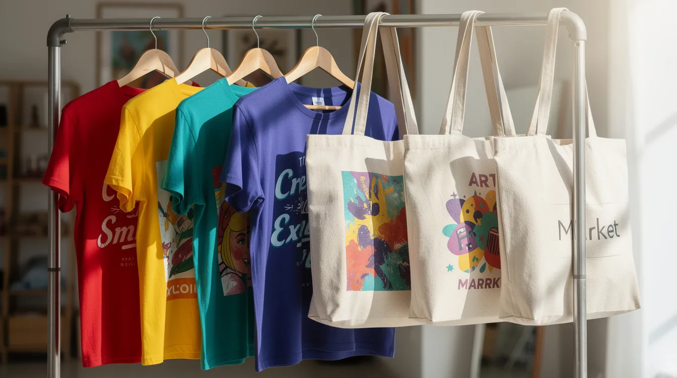 A display rack showcases a variety of colorful printed t-shirts and tote bags, featuring vibrant designs that appeal to loyal listeners and community members. These branded merchandise items can serve as revenue streams for radio stations, helping them generate income through sales and financial support from their audience.