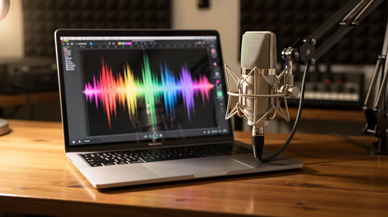 A laptop sits on a wooden desk beside a studio microphone, displaying a colorful audio waveform on its screen, suggesting a setup for live broadcasting or podcasting. This scene reflects the world of radio stations and internet radio, where listeners can discover and stream content.