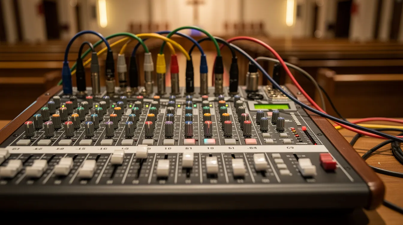 The image shows a close-up view of a church audio mixing console, featuring multiple faders and various cables connected, which are essential for broadcasting worship music and facilitating a vibrant community experience in a christian radio station. This setup is crucial for enhancing the sound quality during services and sharing uplifting messages of faith.