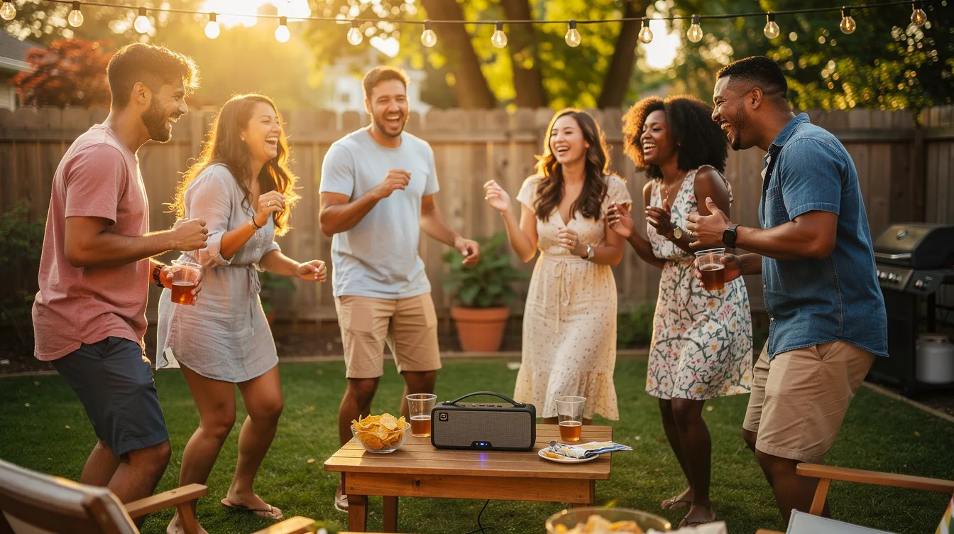 A diverse group of friends is joyfully gathered around a small Bluetooth speaker in a backyard, laughing and dancing together. The lively atmosphere is filled with music, as they enjoy their time connected through sound and community, making it a perfect day for sharing songs and discovering new tunes.