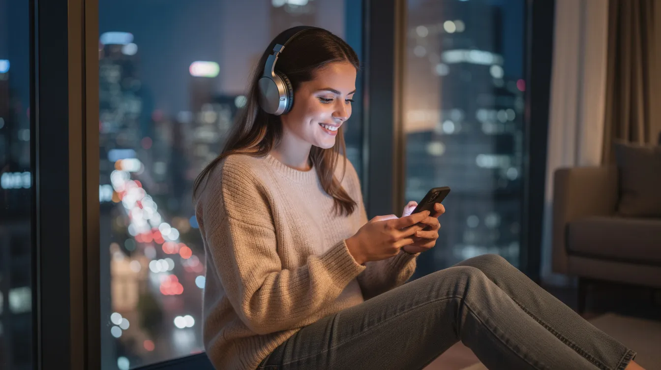 A young woman is sitting by a window in a modern apartment, wearing headphones and smiling as she looks at her phone, with the vibrant city lights glowing in the background. She appears to be enjoying music or podcasts, connecting with the world and discovering new sounds in her community.