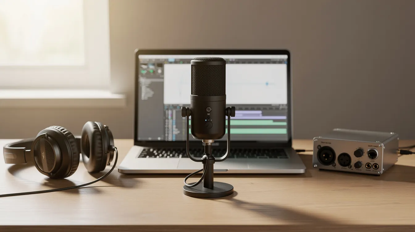 The image shows a USB microphone, closed-back headphones, and a small audio interface neatly arranged on a wooden desk beside an open laptop, creating an ideal setup for broadcasting or recording for radio stations and podcasts. This equipment is essential for students and educators looking to produce quality sound for their online programs and discussions.