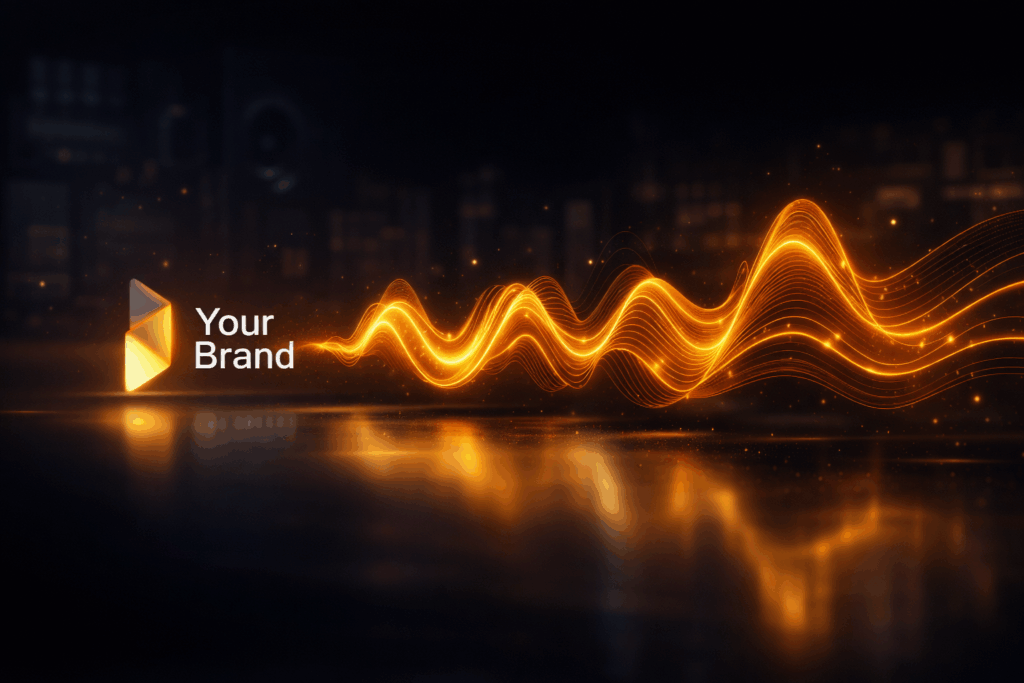 Abstract visualisation of sonic identity with glowing sound waves emerging from a brand, representing consistent audio branding and recognition.