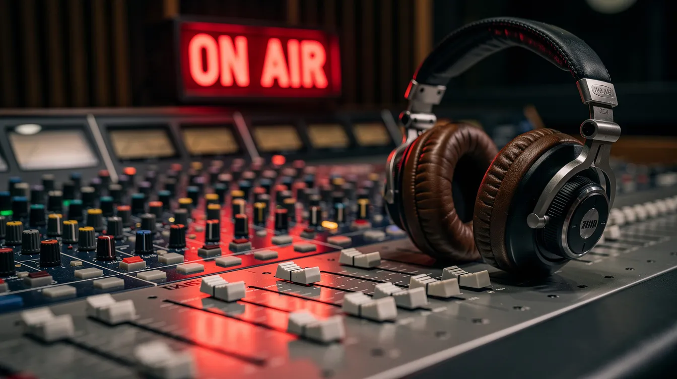 The image features a radio studio mixing board equipped with headphones and a glowing on-air light, symbolizing the vibrant environment of podcast creation. This setup is essential for producing high-quality audio for engaging podcasts and managing multiple shows on major platforms like Apple Podcasts and Spotify.