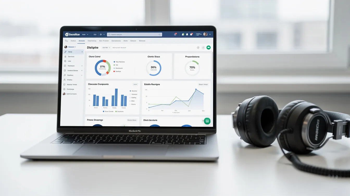 The image features a laptop displaying a web-based dashboard interface designed for radio automation software, positioned next to a pair of studio headphones. This setup suggests a focus on managing audio content and broadcasting, ideal for online radio stations and live shows.