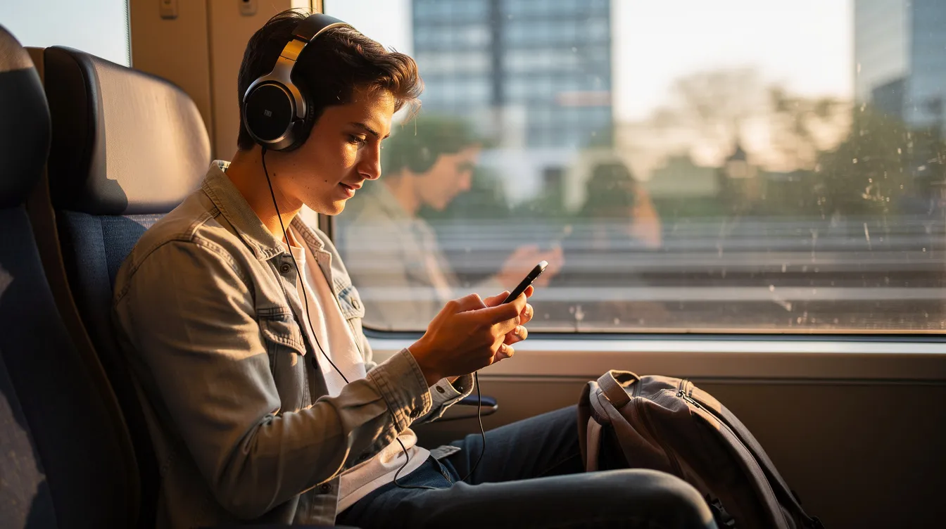 A person wearing headphones is focused on their smartphone while commuting on a train, enjoying audio content such as podcasts or music. The scene captures the essence of modern commuting, where many prefer listening to engaging podcasts or audio files during their daily travels.