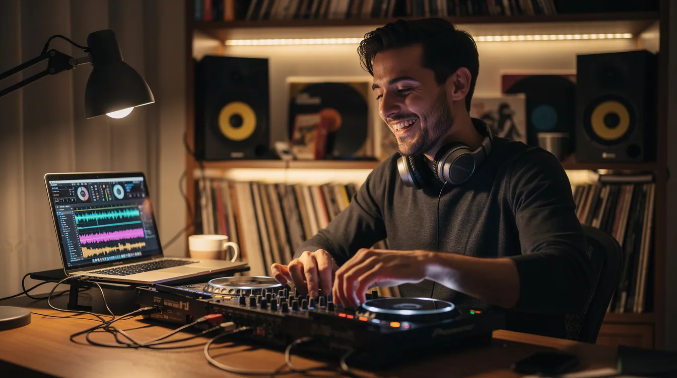 A DJ is smiling while performing at a home studio desk, with headphones around their neck and a glowing laptop in front of them, showcasing their passion for music production. The scene captures the vibrant energy of internet radio stations as they mix tracks and create beats for their listeners.