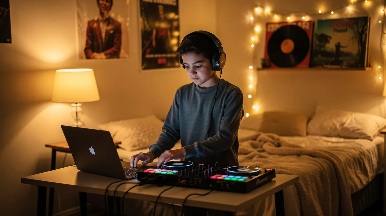 A DJ wearing headphones is focused on mixing music using a laptop and a small controller in a cozy bedroom illuminated by warm lighting. The scene captures the essence of music production, showcasing DJ gear and creating a vibrant atmosphere for streaming and discovering various music genres.