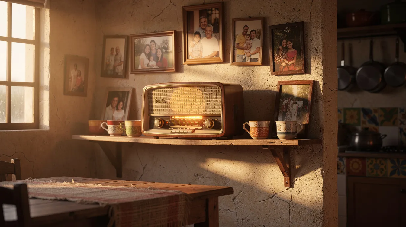 The image depicts a warm, sunlit Latin American kitchen featuring a vintage tube radio on a wooden shelf, surrounded by coffee cups and family photos. This inviting space reflects a sense of community, where listeners can enjoy music, news, and podcasts while connecting with family and friends.