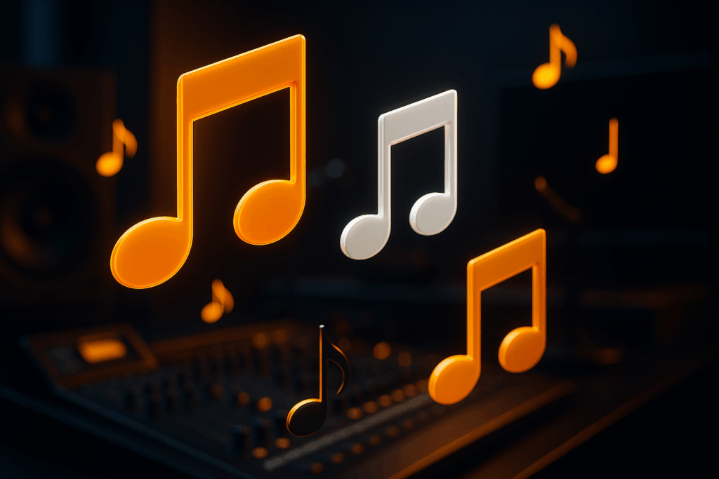 3D render of glowing music notes in Zeno.FM brand colors floating in a dark studio, symbolizing digital music licensing for internet radio broadcasters.