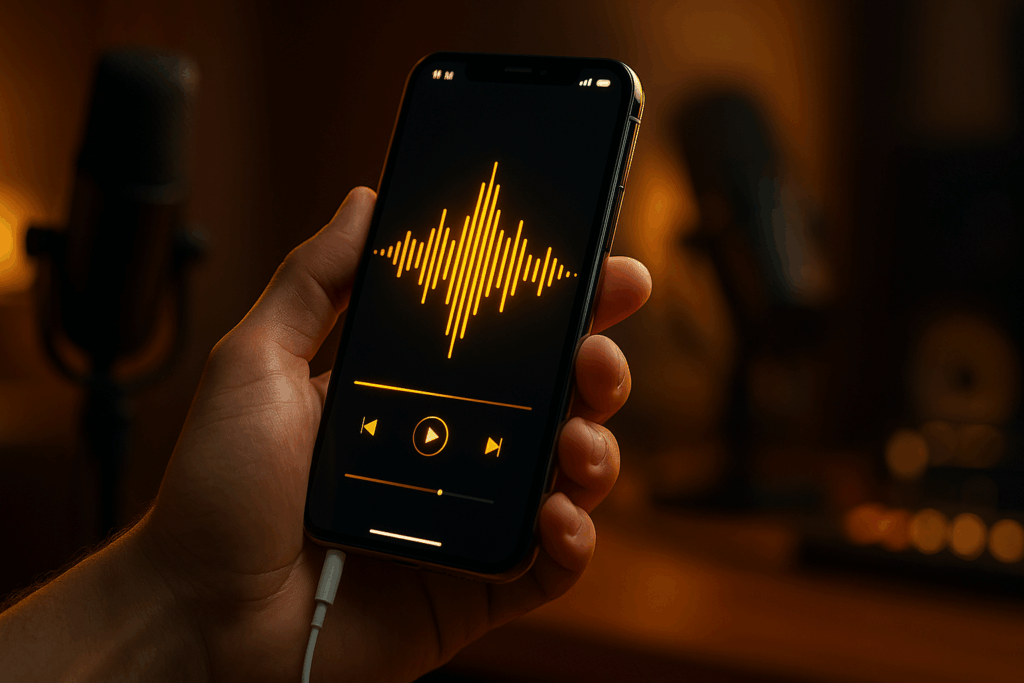 Hand holding an iPhone with audio waves on screen, headphones connected, warm studio background.