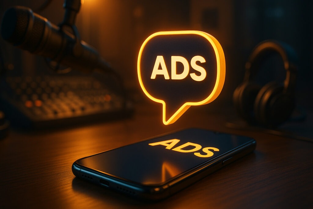 3D render of a glowing “Ads” symbol emerging from a smartphone, representing digital audio advertising for radio broadcasters in a modern studio.