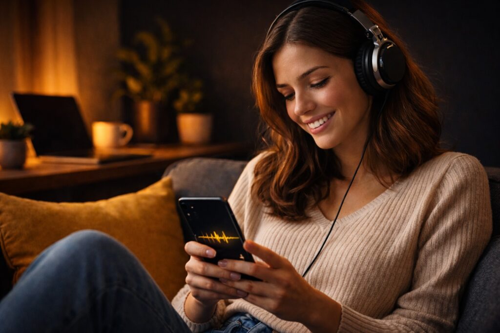 Engaged young woman listening to online radio through headphones while smiling at her smartphone in a warm indoor setting.