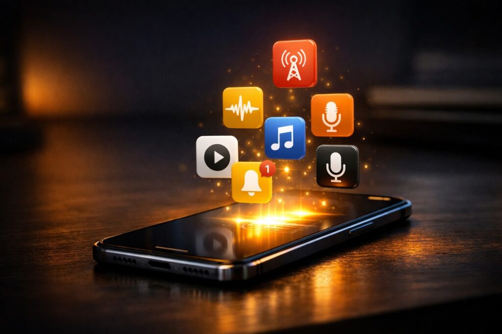 “Smartphone with floating radio app icons representing mobile apps for radio stations.