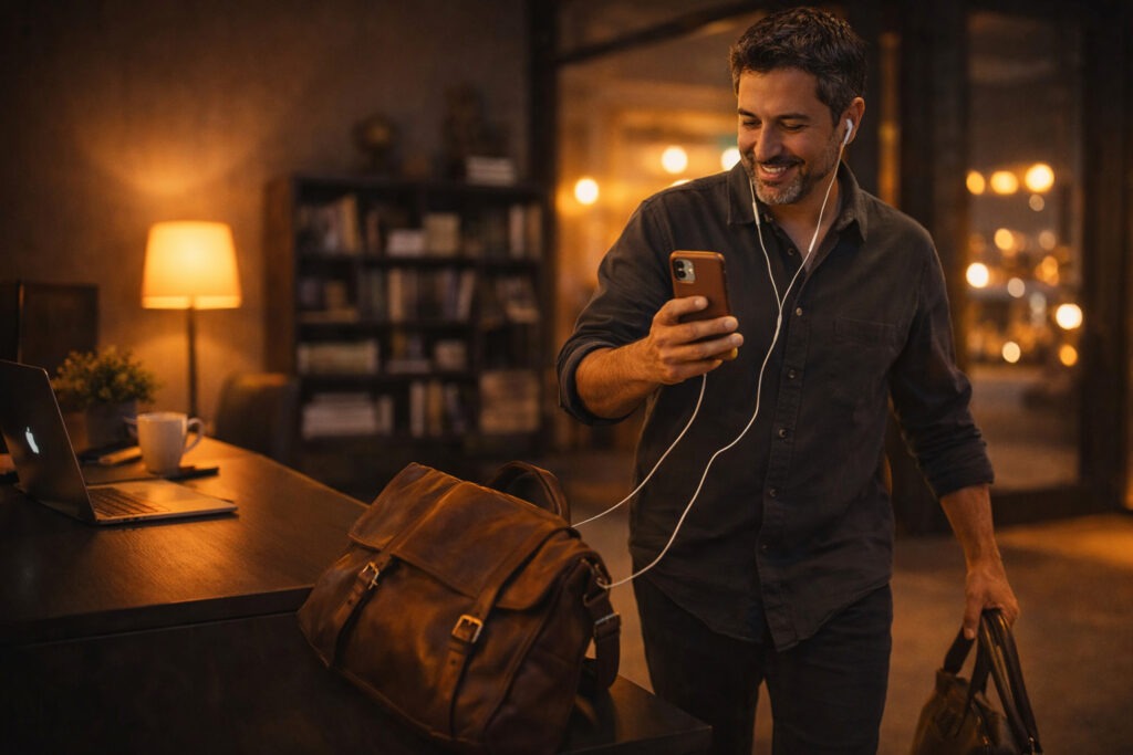 Man listening to a podcast on his phone after work, illustrating why broadcasters record radio shows as podcasts