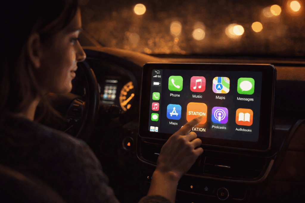 Woman using a radio app on CarPlay and Android Auto inside a car, selecting audio content on dashboard screen