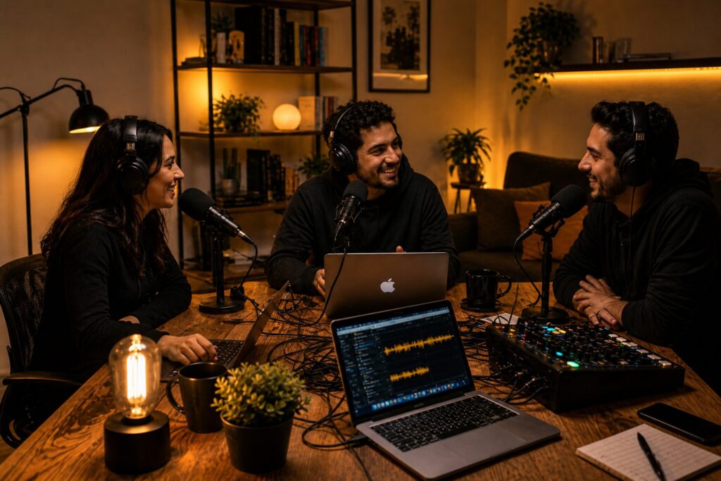 People recording an online radio station from home using microphones and laptops