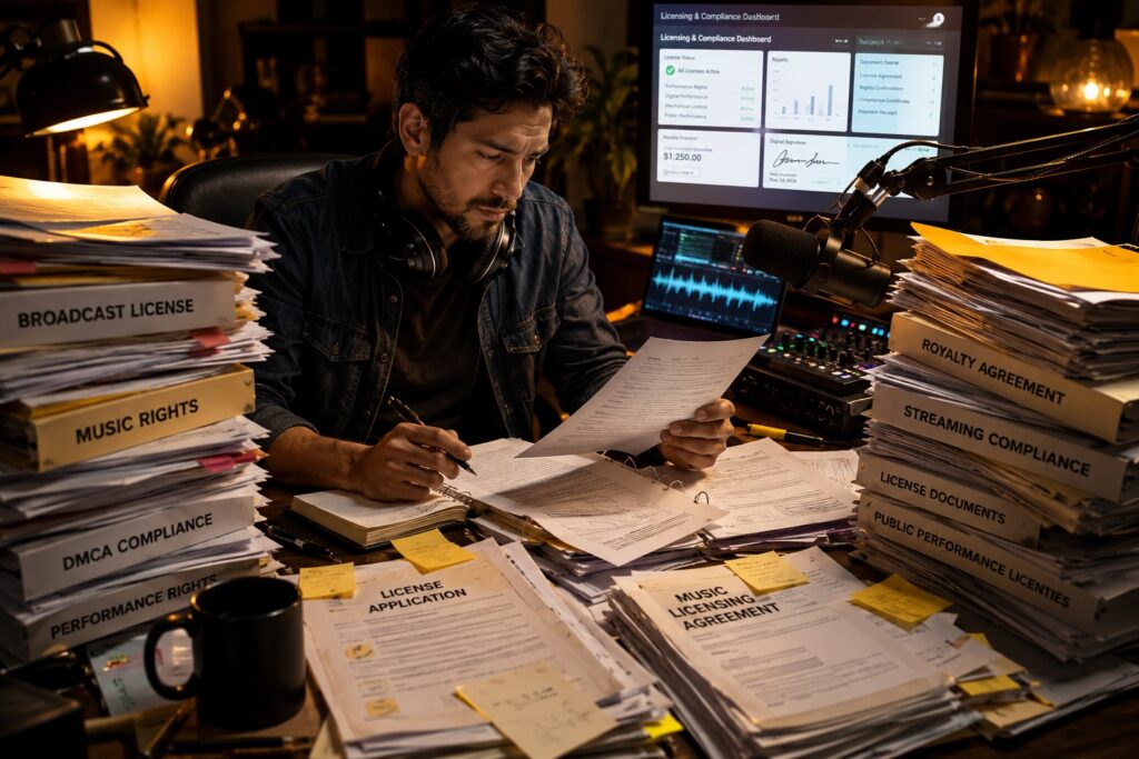 Online radio broadcaster reviewing music licensing and streaming compliance documents in a professional radio studio