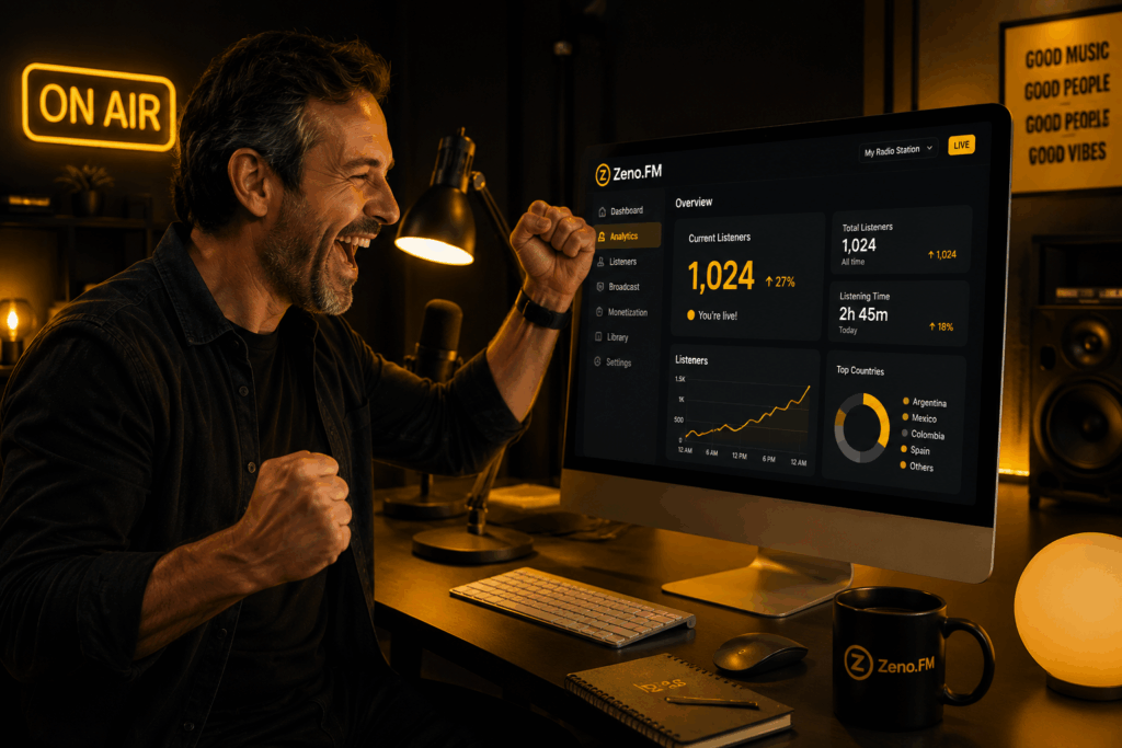 Latin radio broadcaster celebrating reaching 1,000 online radio listeners while viewing analytics on a desktop computer in a cinematic studio setup.